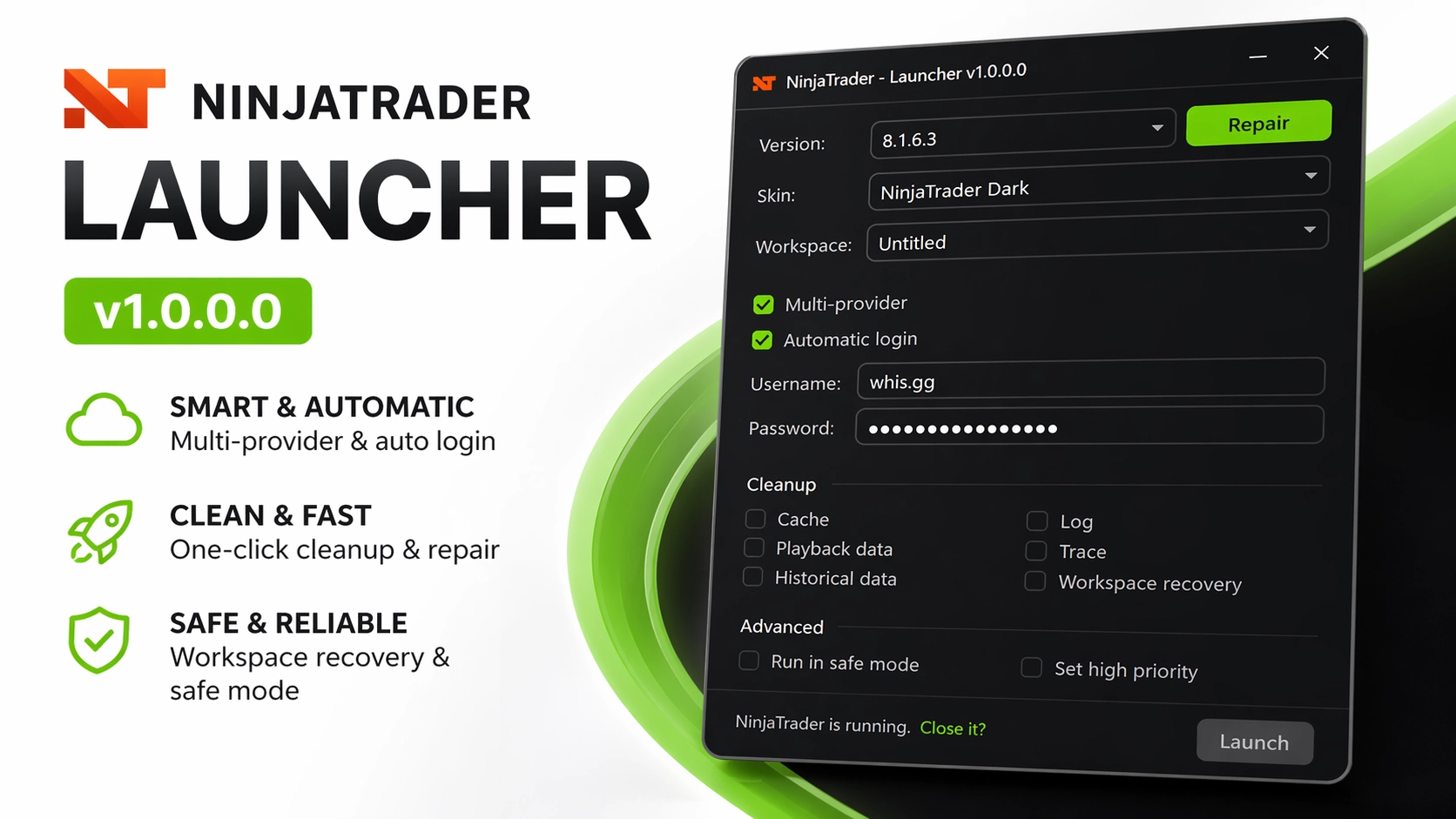 NinjaTrader Launcher settings window